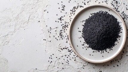 Close-up of black sesame seeds on a white ceramic plate with scattered seeds on textured white surface background