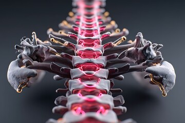 A highly detailed digital illustration of the human spine with highlighted vertebrae, symbolizing the focus on spine care and health.