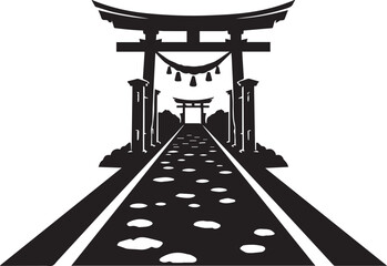 Shrine Path Japanese temple gate silhouette vector illustration. 