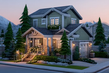 A hyper-realistic suburban home with sage green exteriors, geometric landscaping, and ambient lighting, creating a peaceful and serene environment.