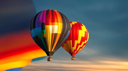 Fototapeta premium Two colorful hot air balloons fly through a cloudy sky during sunset