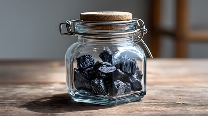 A jar of dark licorice candies sits on a wooden table, the contrast of the deep black candies against the earthy background making them pop.