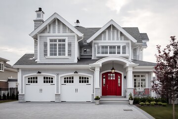 A large, beautiful American home with a vibrant red door and two pristine white garage doors, reflecting both elegance and functional design.