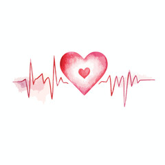 Watercolor Heartbeat Pink Heart with Smaller Heart and Fading Red EKG Line