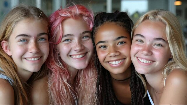 A cheerful group of four girlfriends stands together, beaming at the camera. Their vibrant personalities shine through, capturing a moment of joy, laughter, and strong friendship.