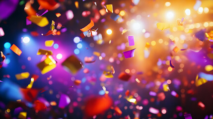 Colorful confetti falling under vibrant stage lights