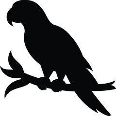 "Black Parrot Silhouette Icon on Branch - Tribal Style Vector Illustration"