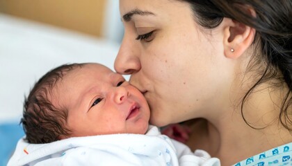 Close up of loving mother kissing her newborn son's cheek in a hospital room, capturing a moment of tender affection