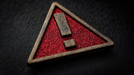 A close up of a red triangle warning sign with an exclamation point on a dark textured background surface