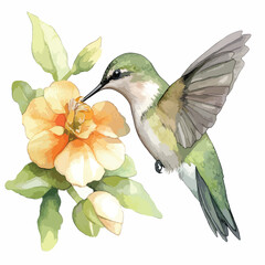 Watercolor Hummingbird Hovering Near a Yellow Flower Drinking Nectar