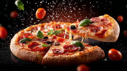Appetitliche Pizza mit fliegenden Zutaten in dynamischer Darstellung