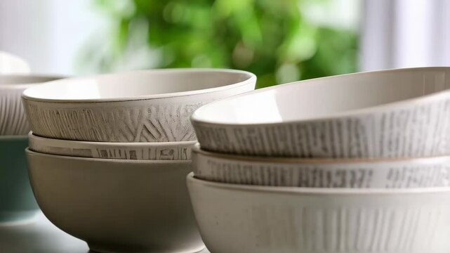 Stack of decorative ceramic bowls on a table with blurred green plant background, presenting kitchenware for modern interior design.