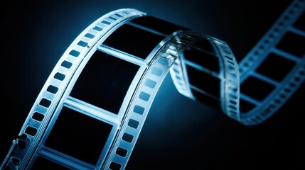 Close-up of 35mm movie film reel curving gracefully against dark background
