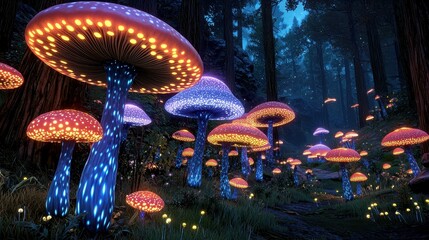 Luminous Mushrooms in a Dark Forest at Night
