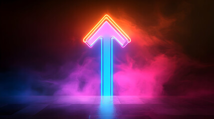 Neon arrow symbol with colorful smoke and reflections