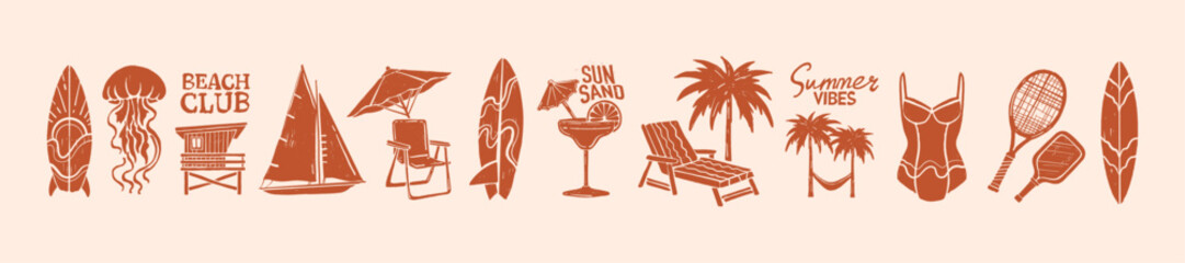 Summer ocean beach print, vector hand drawn sea coastal silhouette tropical vacation postcard set. Travel minimal icon, palm tree, surfboard resort relax graphic sign. Groovy summer beach illustration