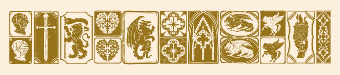 Fototapeta na wymiar Gothic medieval heraldic print, vector hand drawn linocut fantasy royal ornamental illustration. Magic fairy tale frame vintage knight symbol, European folklore beast dragon silhouette. Medieval print
