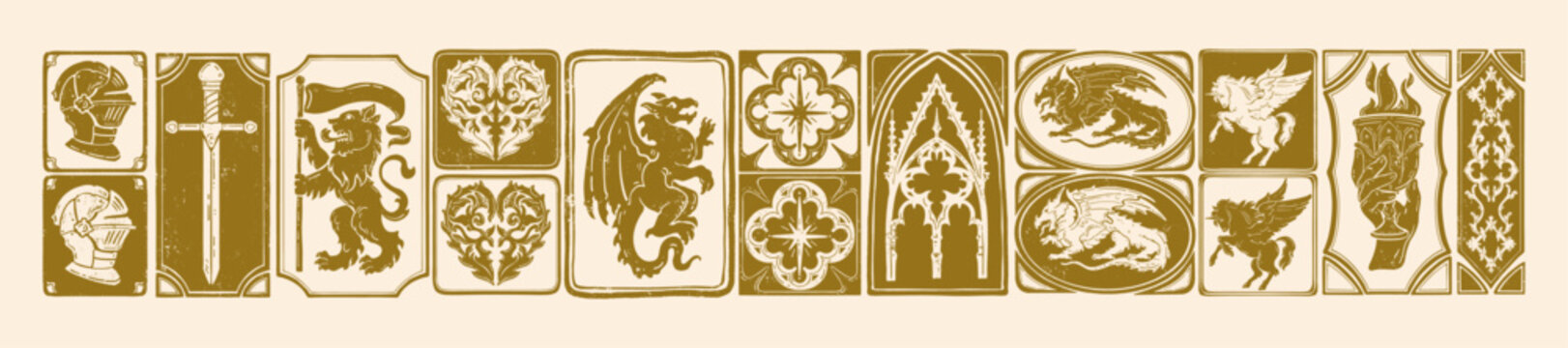 Gothic medieval heraldic print, vector hand drawn linocut fantasy royal ornamental illustration. Magic fairy tale frame vintage knight symbol, European folklore beast dragon silhouette. Medieval print