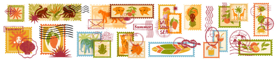 Summer tropical postal stamp set exotic travel mail postage print, jungle animal silhouette postcard. Vacation design element, vintage ink seal, retro paradise tourism sticker. Summer stamp emblem