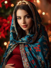 Peaceful Virgin Mary in late pregnancy with shining halo
