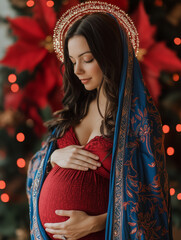 Peaceful Virgin Mary in late pregnancy with shining halo
