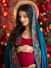 Christmas portrait of pregnant Madonna in embroidered robe

