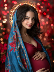 Christmas portrait of pregnant Madonna in embroidered robe

