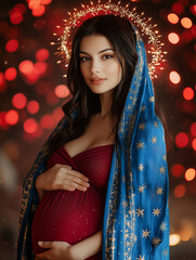 Blessed Virgin in maternity, red gown and golden crown
