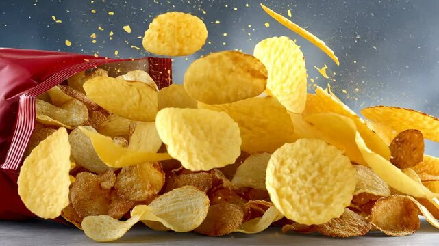 Crunchy potato chips spill from an open bag creating a tempting snack display