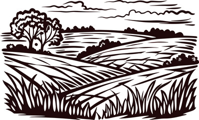 Hand drawn rural landscape with tree, rolling fields, grass and clouds in vintage engraved illustration