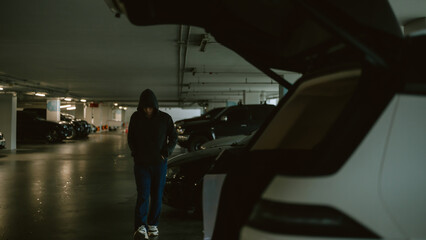 Hooded figure walks through dimly lit parking garage during evening with cars parked closely together © 2B