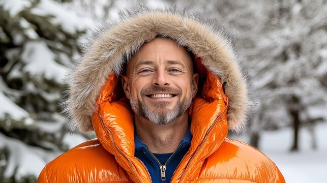 Smiling man in an orange winter jacket with fur hood outdoors in snowy landscape