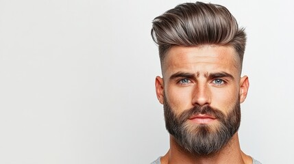 Obraz premium Stylish young man with well-groomed hair and beard in a luxury salon photoshoot