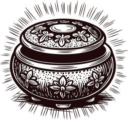 Ornate vintage lidded jewelry box with floral decorations in hand drawn engraving illustration