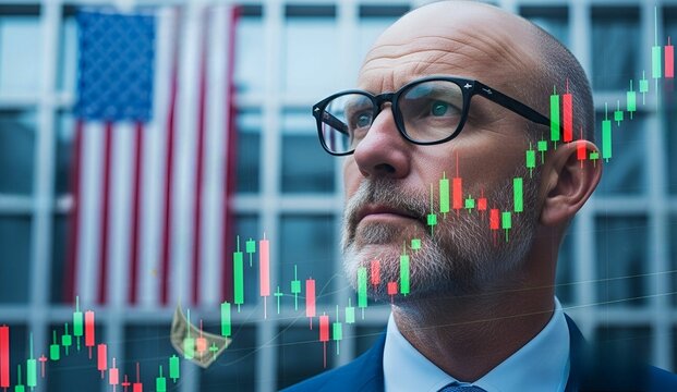Man in suit with glasses looking at financial stock market graph overlayed on American flag. Business investment and economic concept.