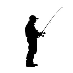 Naklejka premium a black silhouette of a fisherman fishing on a transparent background black, fish, fisherman, fishing rod, man, silhouette , Generative art.
