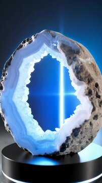 Agate geode slice with crystallized interior on a modern rotating display stand illuminated by a bright blue light with cross shape