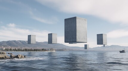 Floating concrete cubes on sea horizon