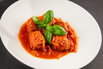Meatballs tomato sauce beef, pork or chicken meat fresh delicious gourmet food background on the table rustic food top view copy space keto and paleo diet