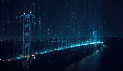 Digital rain falls over a night city skyline, highlighting a bridge