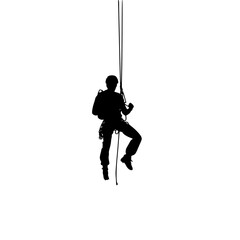 Obraz premium a black and white silhouette of a man climbing a rope black, climb, hang, man, person, rope, silhouette, swing , Generative art.