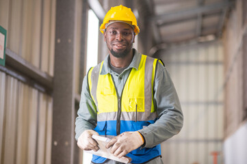 African workers working happy aftter working of maintenance machine in heavy industrial factory