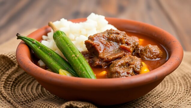Chadian jarret de boeuf stew with okra and fufu in a clay bowlv
