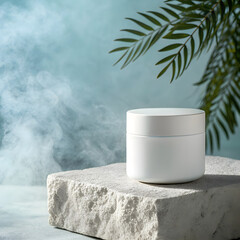 A plain white cosmetic jar placed on a minimalist surface.