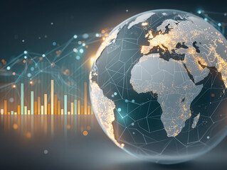 Global Data Analysis: An illuminated world sphere intertwined with data visualizations, symbolizing global interconnectedness and technological advancement.
