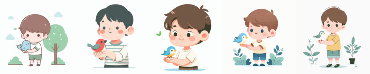 Fototapeta premium cute little boy character vector holding a bird