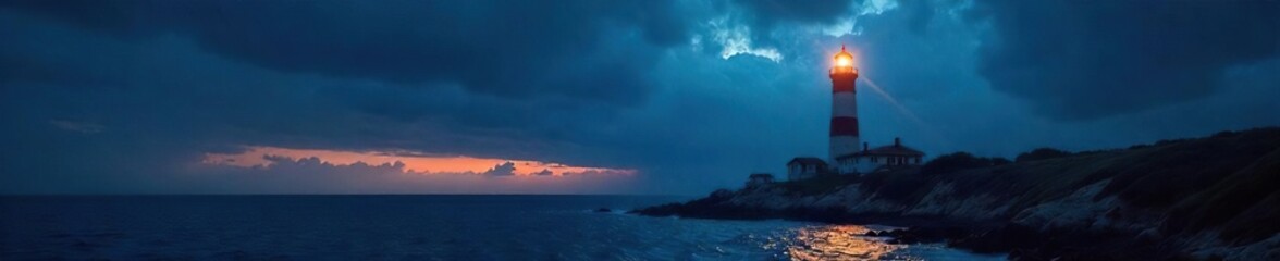 A powerful beam of light cuts through the night from a majestic coastal lighthouse, illuminating the dark ocean The structure stands tall and proud against the dramatic sky , cliff, signal