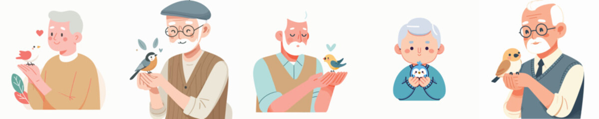 cute grandfather holding bird character vector