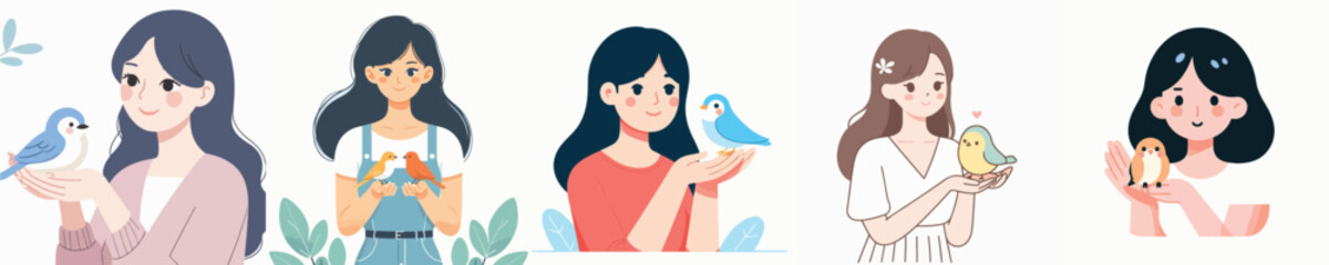 cute woman holding bird character vector