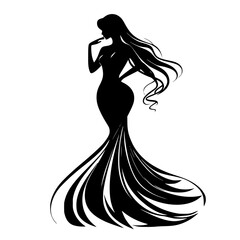 black silhouette of a beautiful woman with long hair in evening dress beautiful, black, dress, evening dress, girl, hair, long, silhouette, woman , Generative art.